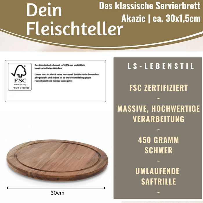 KI-generiertes Bild,Holz Fleischteller Servierteller 30cm Akazie Rund Schneidebrett Vesperbrett