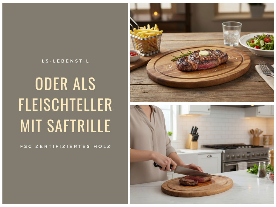 KI-generiertes Bild,Holz Fleischteller Servierteller 30cm Akazie Rund Schneidebrett Vesperbrett