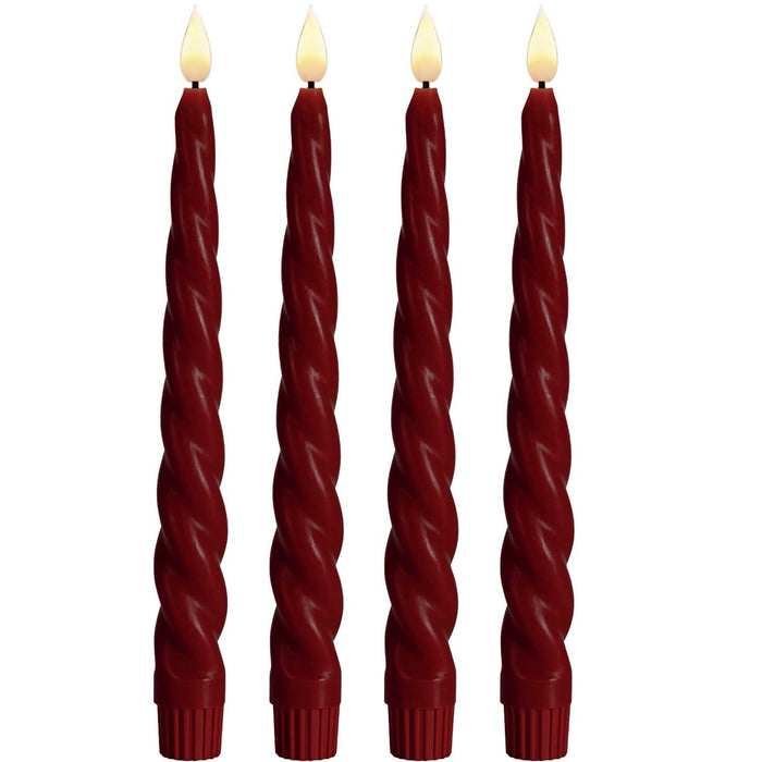 KI-generiertes Bild,LED 3D Stabkerzen Ribe 4´er Set Rot gedreht 26cm Timer Fernbedienung flackernde Kerze
