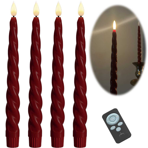 KI-generiertes Bild LED 3D Stabkerzen Ribe 4´er Set Rot gedreht 26cm Timer Fernbedienung flackernde Kerze