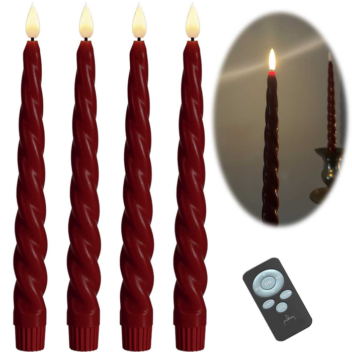 KI-generiertes Bild LED 3D Stabkerzen Ribe 4´er Set Rot gedreht 26cm Timer Fernbedienung flackernde Kerze