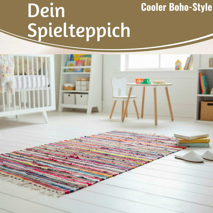 KI-generiertes Bild,Fleckerlteppich Dehli 90x60cm Baumwolle Boho Flickenteppich Fransen