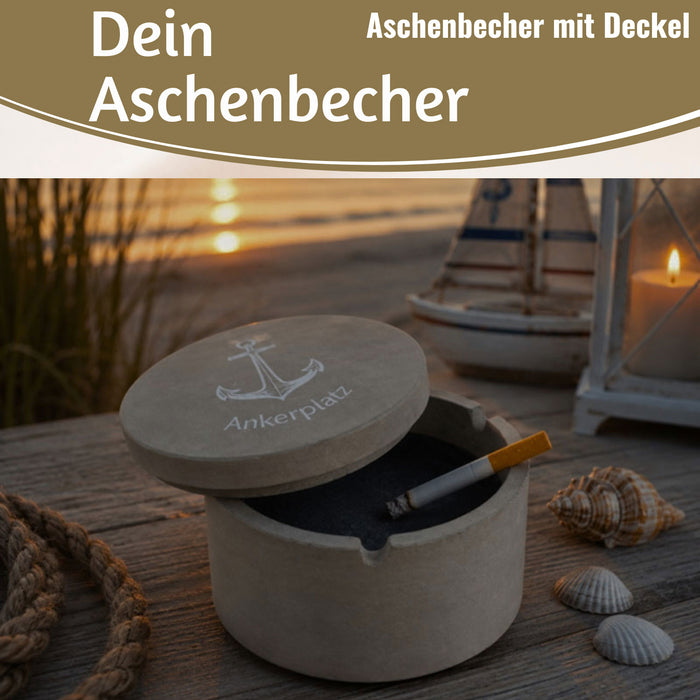 KI-generiertes Bild,Beton Sturmaschenbecher Ankerplatz 9x7cm Maritim Grau Aschenbecher mit Deckel