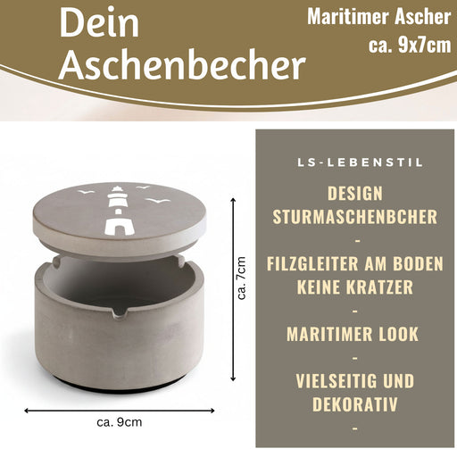KI-generiertes Bild,Beton Sturmaschenbecher Leuchtturm 9x7cm Maritim Grau Aschenbecher mit Deckel