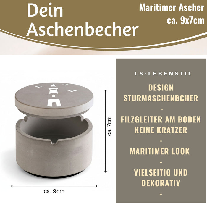 KI-generiertes Bild,Beton Sturmaschenbecher Leuchtturm 9x7cm Maritim Grau Aschenbecher mit Deckel
