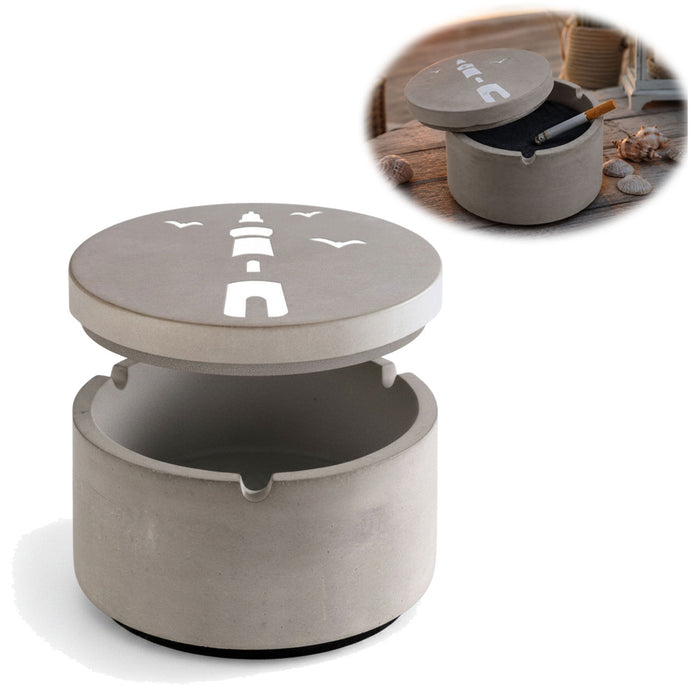 KI-generiertes Bild Beton Sturmaschenbecher Leuchtturm 9x7cm Maritim Grau Aschenbecher mit Deckel