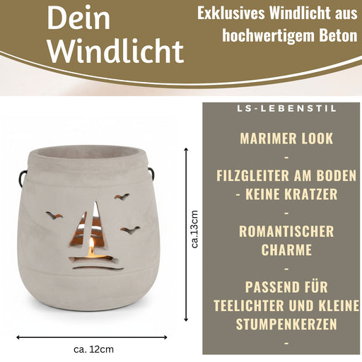 KI-generiertes Bild,Beton Windlicht Segelboot 13cm Shabby Grau Maritim Teelichthalter Kerzenhalter