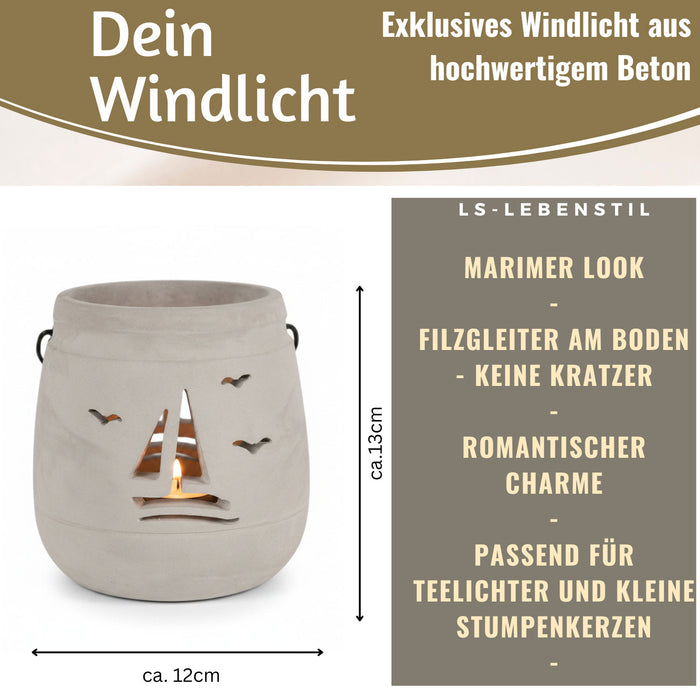 KI-generiertes Bild,Beton Windlicht Segelboot 13cm Shabby Grau Maritim Teelichthalter Kerzenhalter