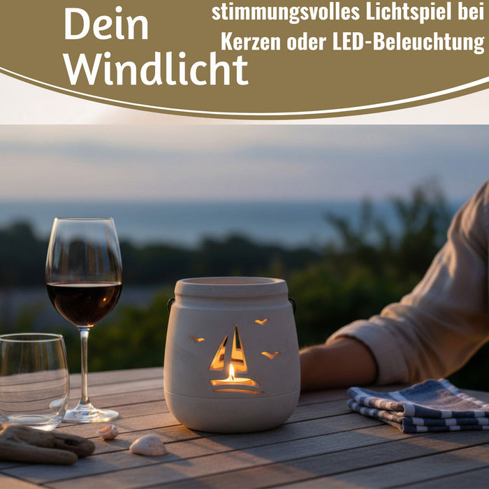 KI-generiertes Bild,Beton Windlicht Segelboot 13cm Shabby Grau Maritim Teelichthalter Kerzenhalter