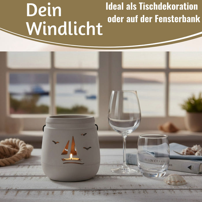 KI-generiertes Bild,Beton Windlicht Segelboot 13cm Shabby Grau Maritim Teelichthalter Kerzenhalter