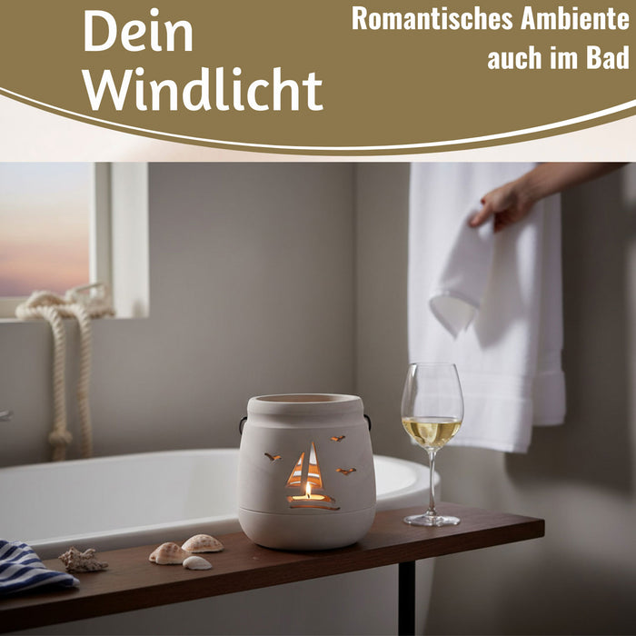 KI-generiertes Bild,Beton Windlicht Segelboot 13cm Shabby Grau Maritim Teelichthalter Kerzenhalter