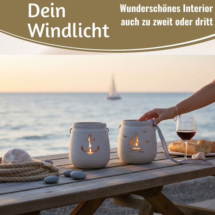 KI-generiertes Bild,Beton Windlicht Segelboot 13cm Shabby Grau Maritim Teelichthalter Kerzenhalter