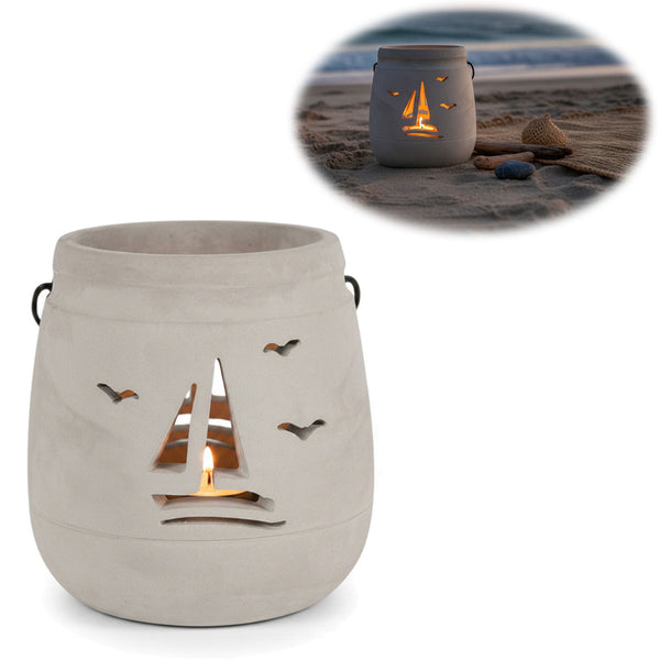 KI-generiertes Bild Beton Windlicht Segelboot 13cm Shabby Grau Maritim Teelichthalter Kerzenhalter