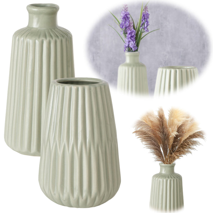 KI-generiertes Bild Nordic Blumen-Vase Oslo 2´er Set Creme Grün Keramik Tisch-Vase Pampasgras