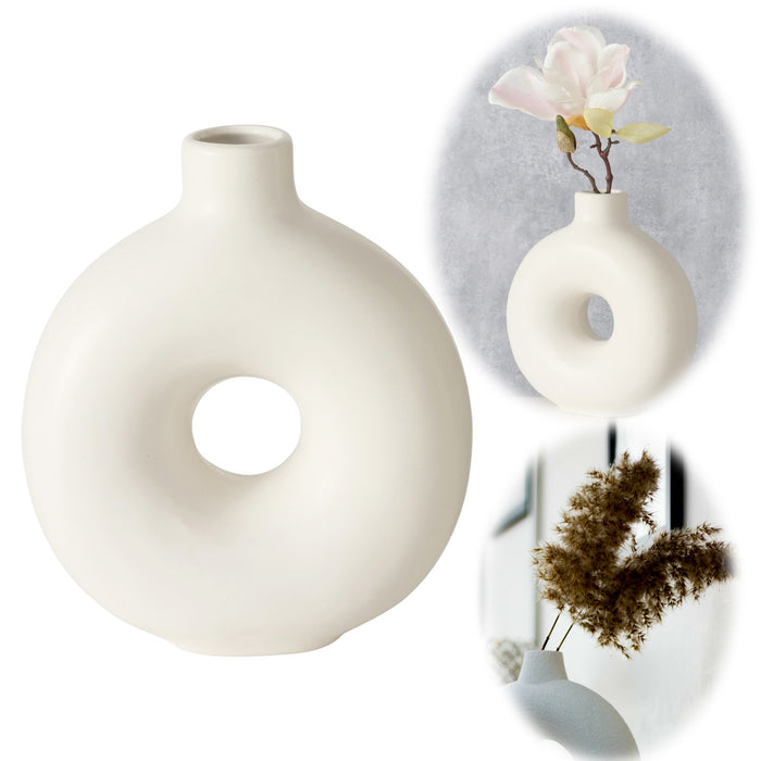 KI-generiertes Bild Nordic Blumen-Vase Donut 20x17cm Creme Weiß Rund Keramik Tisch-Vase Pampasgras
