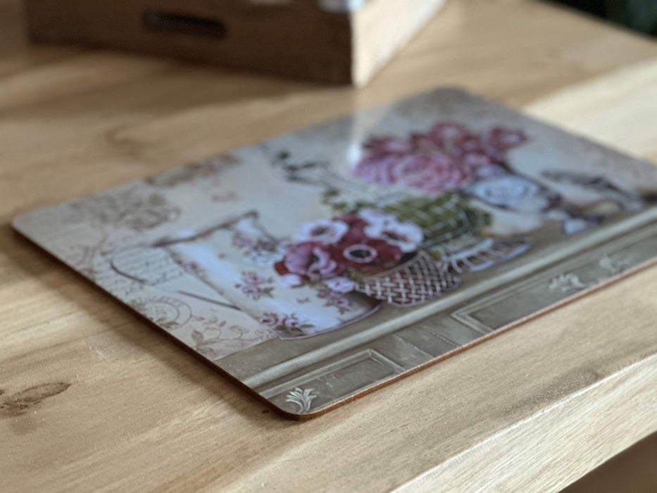 KI-generiertes Bild,2x Kork Tischset Platzset Vintage Blumen 40x30cm abwaschbar Rechteck Platzmatte