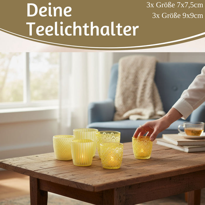 KI-generiertes Bild,6x Glas Teelichthalter Retro Gelb 7-9cm Set Windlicht-Halter Kerzenständer