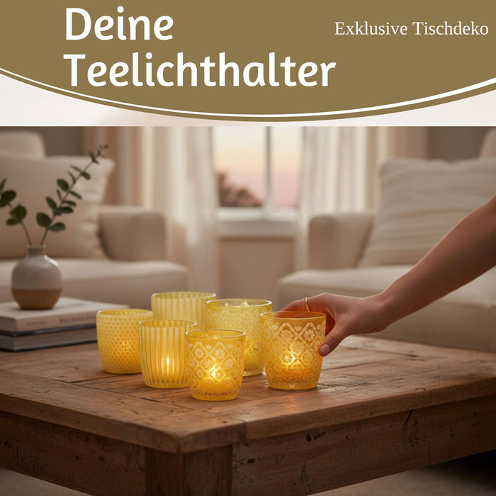 KI-generiertes Bild,6x Glas Teelichthalter Retro Gelb 7-9cm Set Windlicht-Halter Kerzenständer