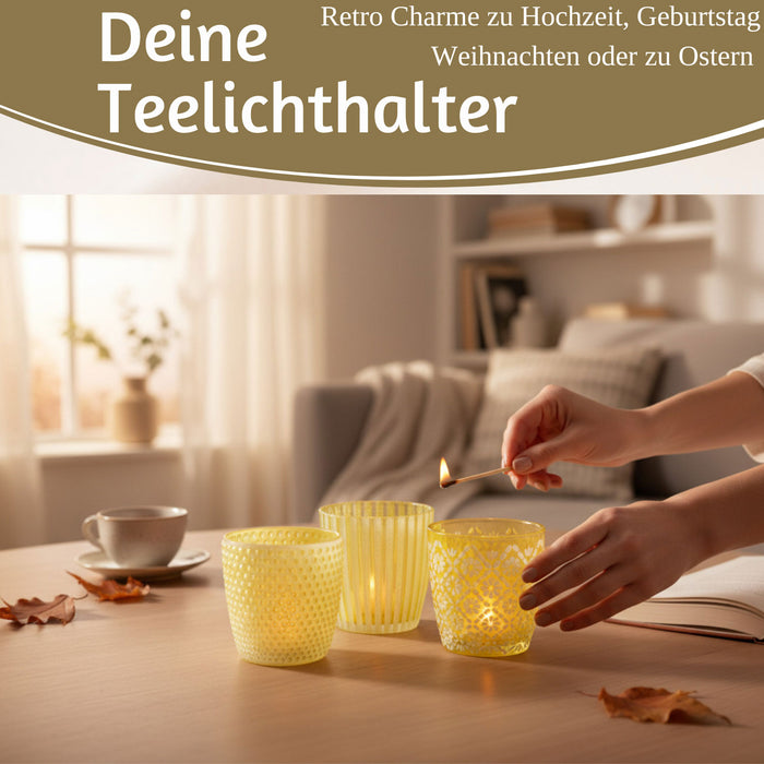 KI-generiertes Bild,6x Glas Teelichthalter Retro Gelb 7-9cm Set Windlicht-Halter Kerzenständer