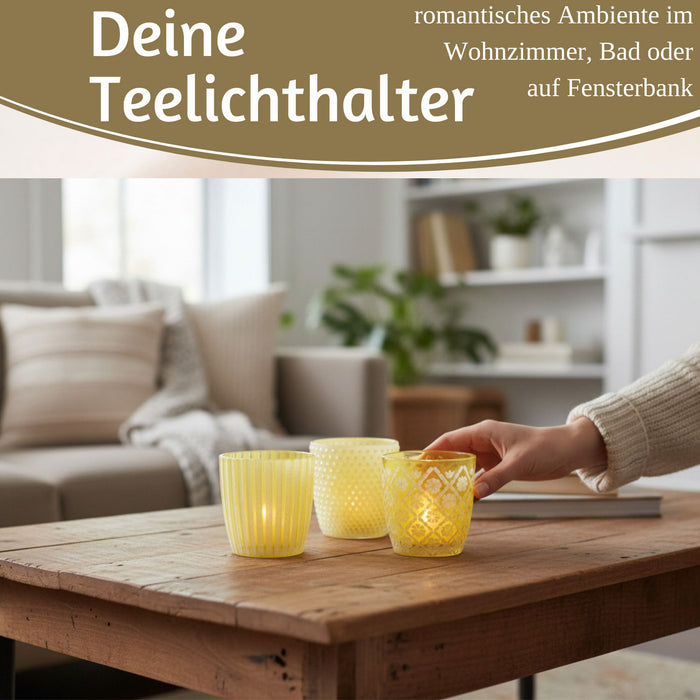 KI-generiertes Bild,6x Glas Teelichthalter Retro Gelb 7-9cm Set Windlicht-Halter Kerzenständer