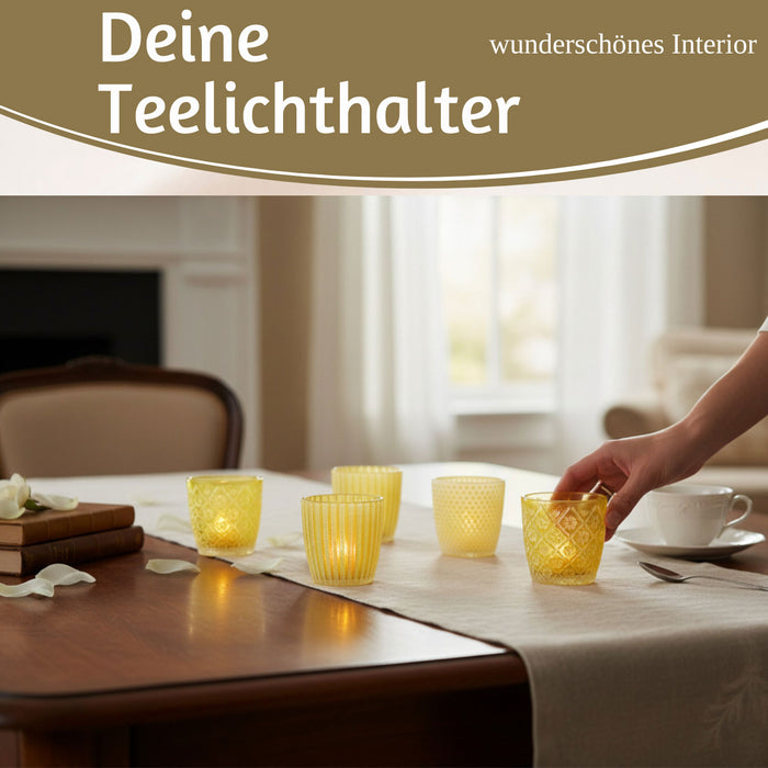 KI-generiertes Bild,6x Glas Teelichthalter Retro Gelb 7-9cm Set Windlicht-Halter Kerzenständer