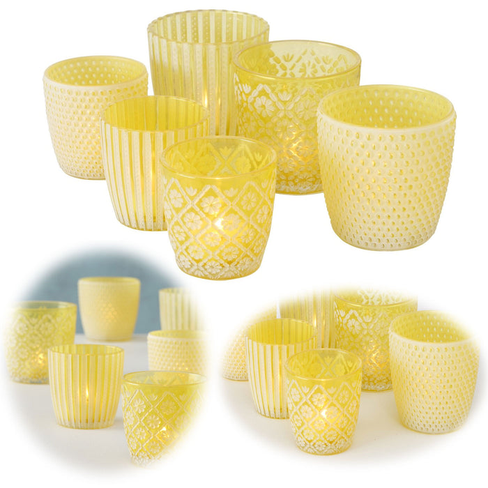 KI-generiertes Bild 6x Glas Teelichthalter Retro Gelb 7-9cm Set Windlicht-Halter Kerzenständer