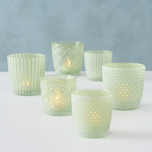 KI-generiertes Bild,6x Glas Teelichthalter Retro Grün Weiß 7-9cm Set Windlicht-Halter Kerzenständer