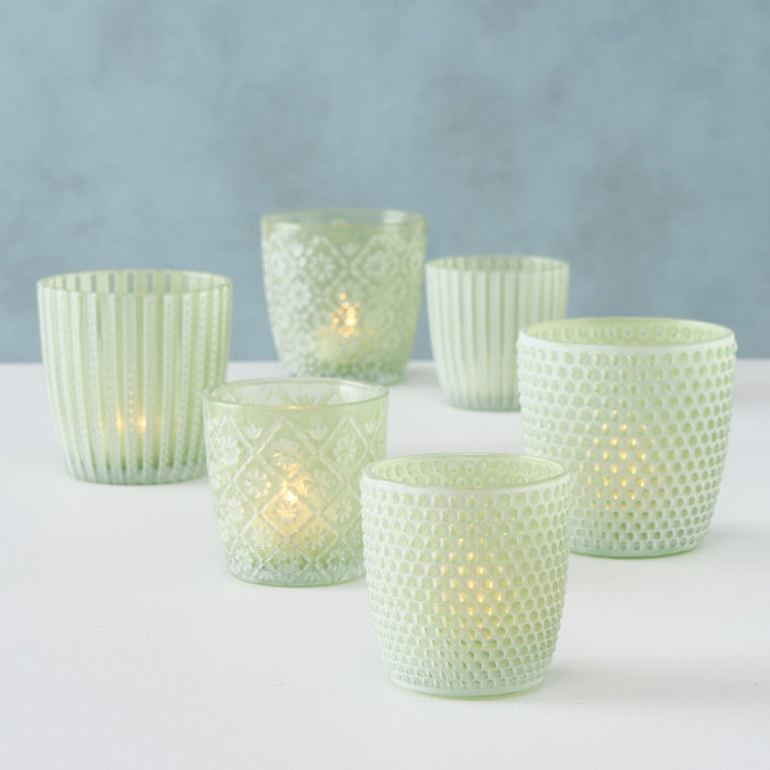 KI-generiertes Bild,6x Glas Teelichthalter Retro Grün Weiß 7-9cm Set Windlicht-Halter Kerzenständer