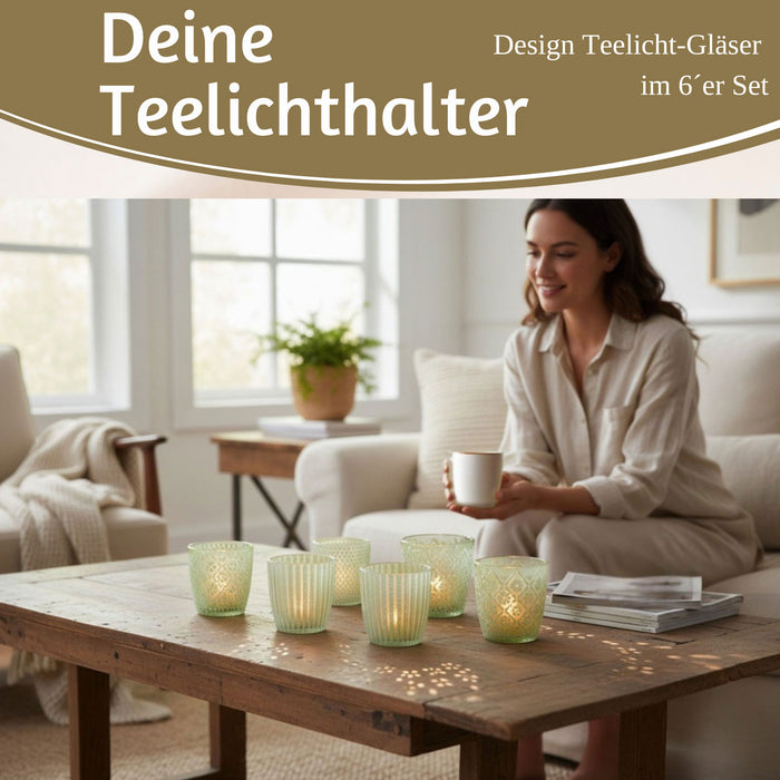 KI-generiertes Bild,6x Glas Teelichthalter Retro Grün Weiß 7-9cm Set Windlicht-Halter Kerzenständer