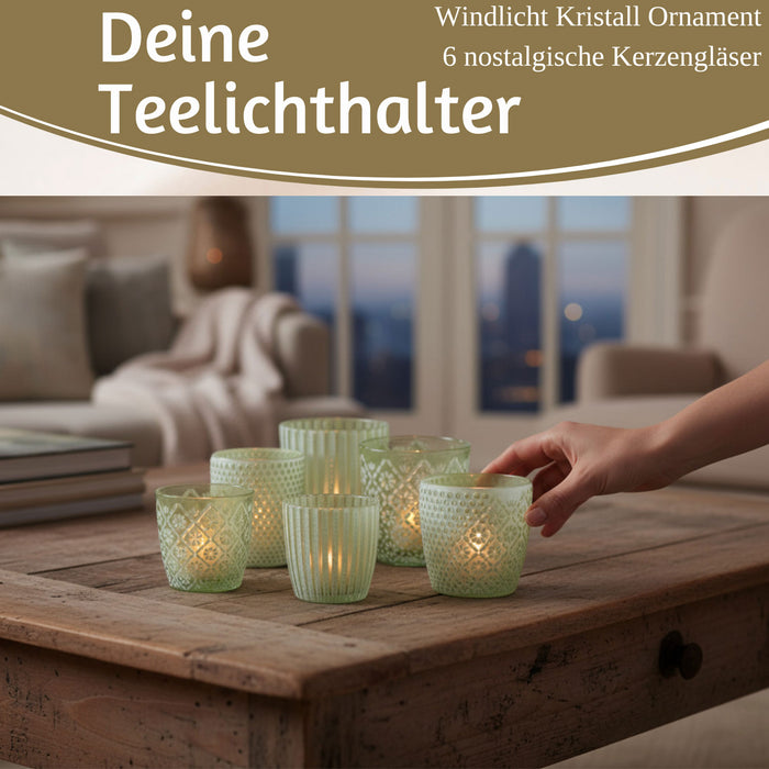 KI-generiertes Bild,6x Glas Teelichthalter Retro Grün Weiß 7-9cm Set Windlicht-Halter Kerzenständer