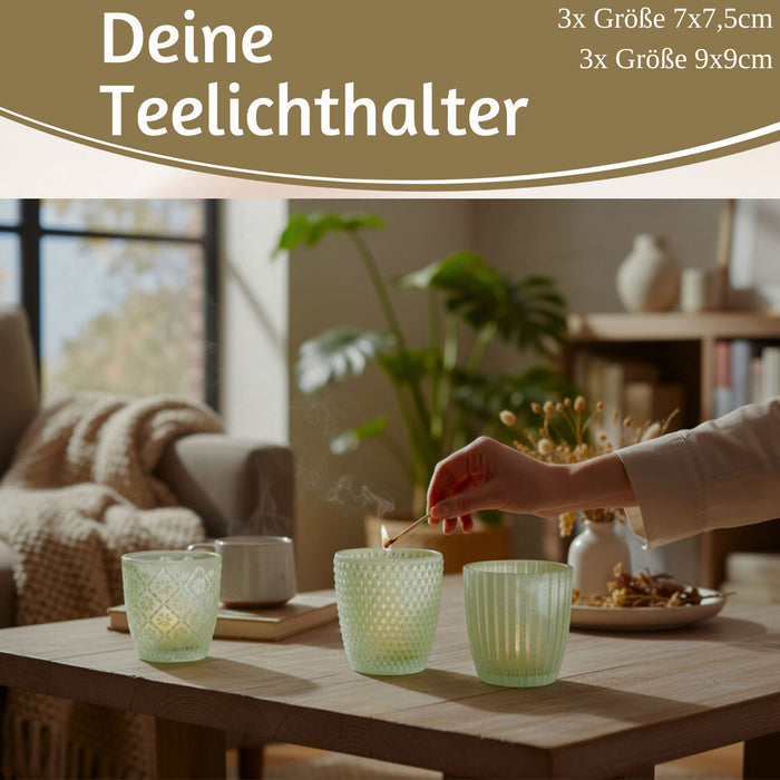 KI-generiertes Bild,6x Glas Teelichthalter Retro Grün Weiß 7-9cm Set Windlicht-Halter Kerzenständer