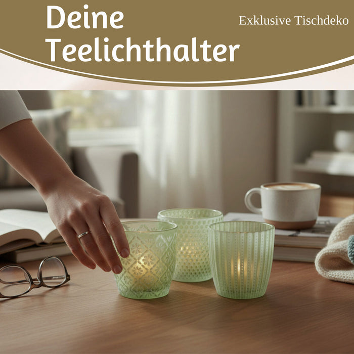 KI-generiertes Bild,6x Glas Teelichthalter Retro Grün Weiß 7-9cm Set Windlicht-Halter Kerzenständer