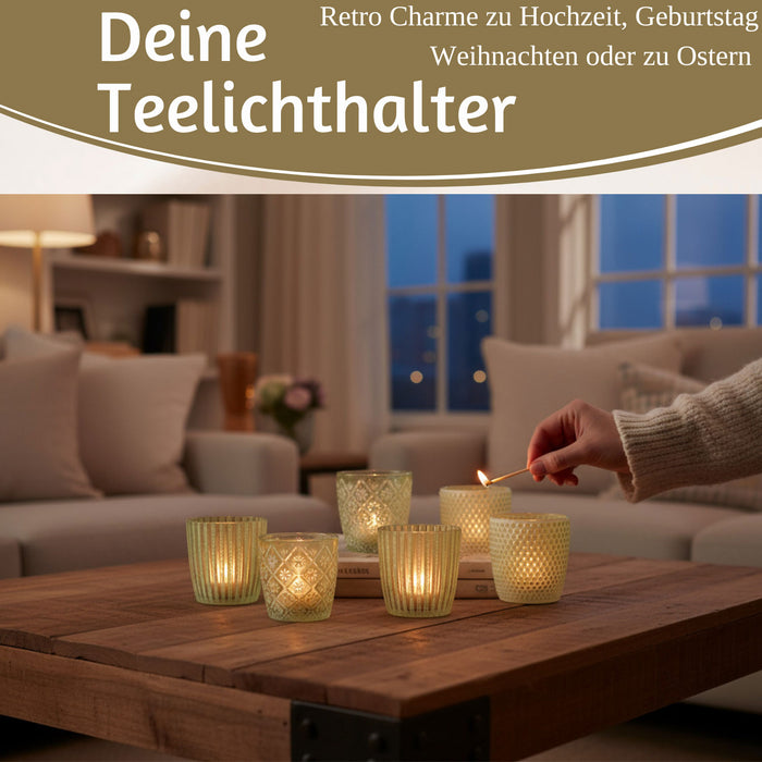 KI-generiertes Bild,6x Glas Teelichthalter Retro Grün Weiß 7-9cm Set Windlicht-Halter Kerzenständer