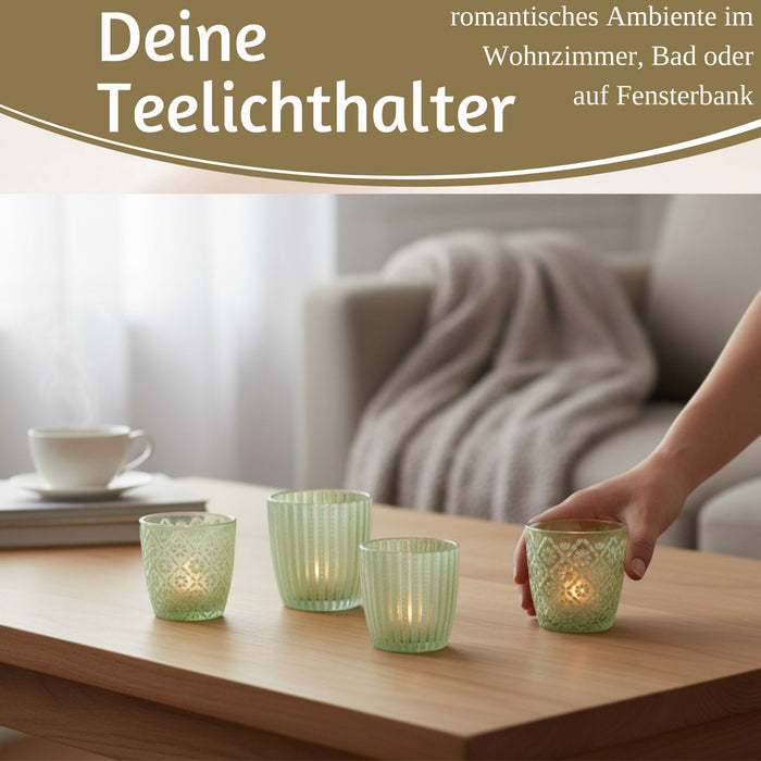 KI-generiertes Bild,6x Glas Teelichthalter Retro Grün Weiß 7-9cm Set Windlicht-Halter Kerzenständer