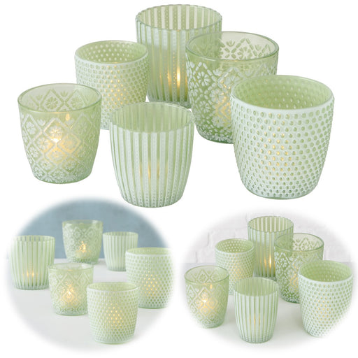 KI-generiertes Bild 6x Glas Teelichthalter Retro Grün Weiß 7-9cm Set Windlicht-Halter Kerzenständer