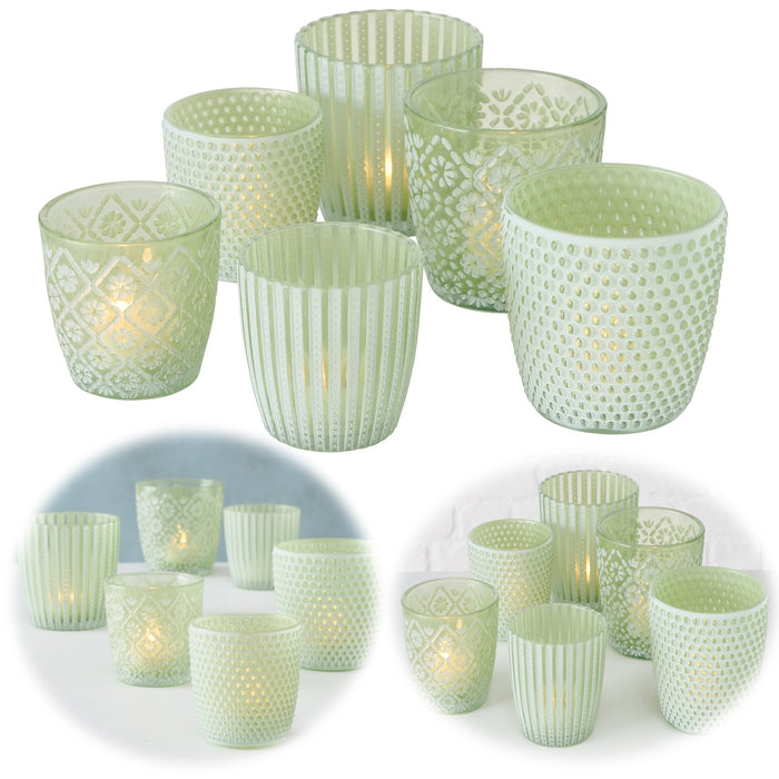 KI-generiertes Bild 6x Glas Teelichthalter Retro Grün Weiß 7-9cm Set Windlicht-Halter Kerzenständer