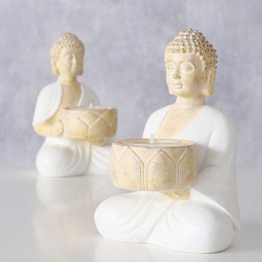 KI-generiertes Bild,2´er Set Teelichthalter Buddha Statuen 15cm Beige Weiß Figuren sitzend Teelichtständer