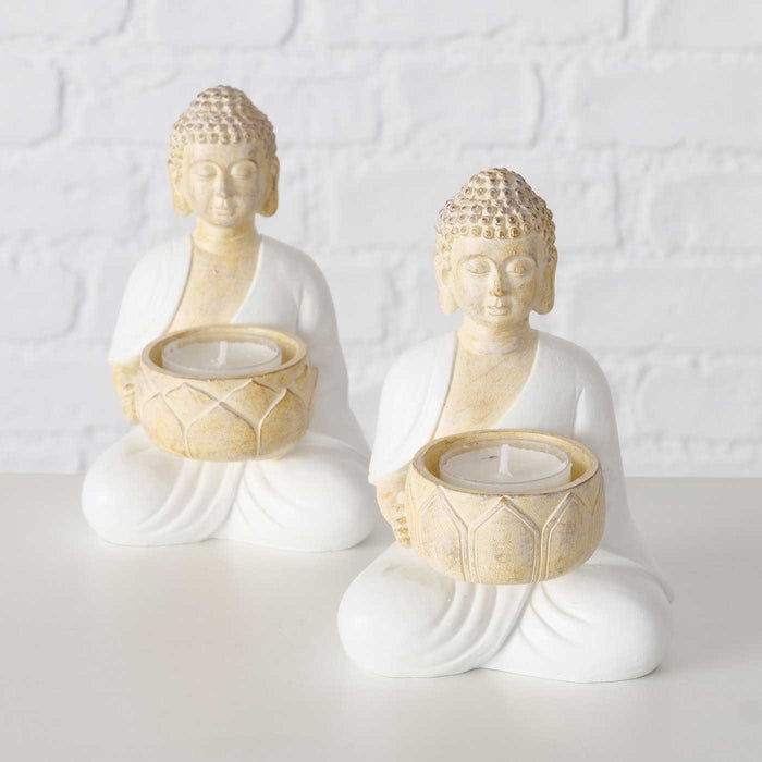 KI-generiertes Bild,2´er Set Teelichthalter Buddha Statuen 15cm Beige Weiß Figuren sitzend Teelichtständer