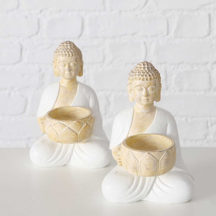 KI-generiertes Bild,2´er Set Teelichthalter Buddha Statuen 15cm Beige Weiß Figuren sitzend Teelichtständer