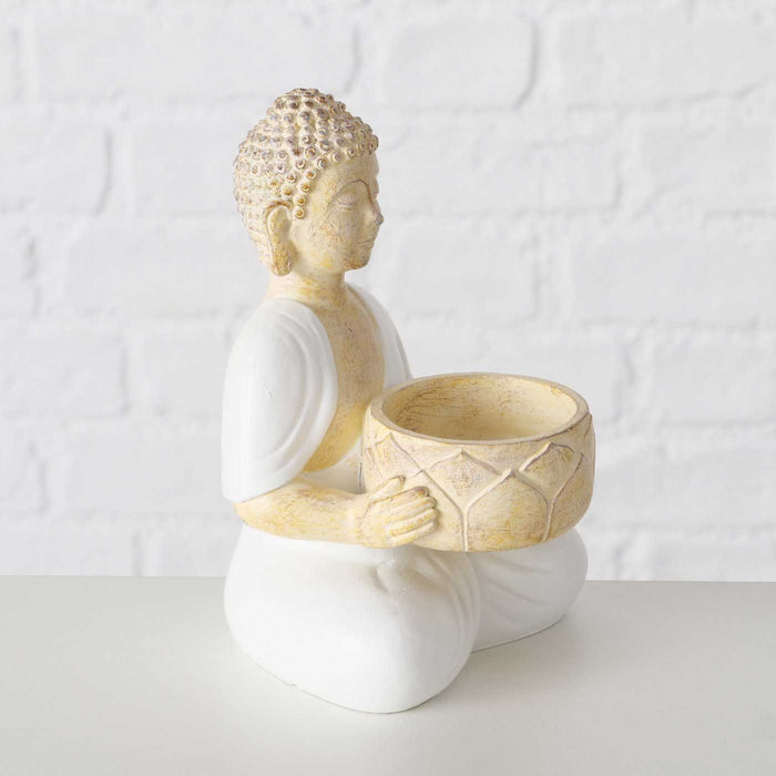 KI-generiertes Bild,2´er Set Teelichthalter Buddha Statuen 15cm Beige Weiß Figuren sitzend Teelichtständer