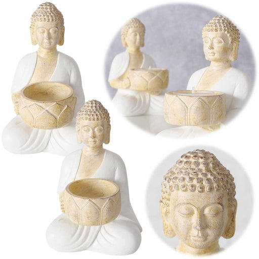 KI-generiertes Bild 2´er Set Teelichthalter Buddha Statuen 15cm Beige Weiß Figuren sitzend Teelichtständer