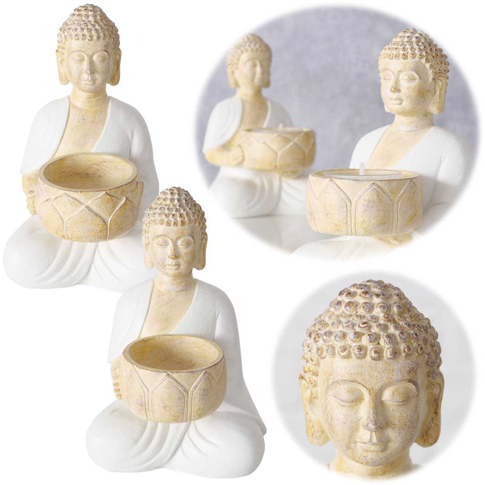 KI-generiertes Bild 2´er Set Teelichthalter Buddha Statuen 15cm Beige Weiß Figuren sitzend Teelichtständer