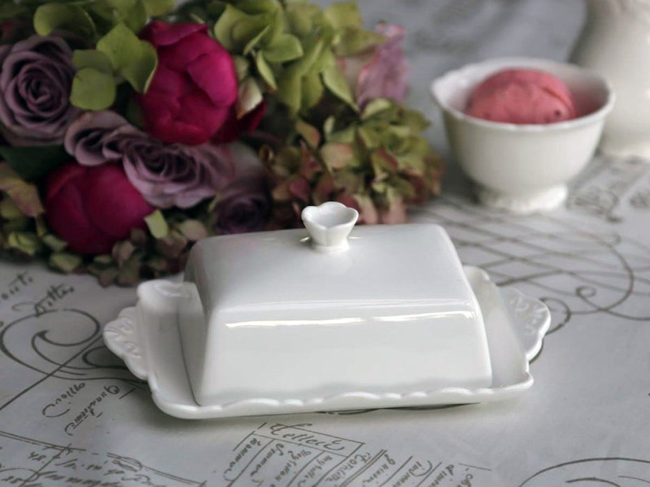 KI-generiertes Bild,Vintage XL Porzellan Butterdose 19cm Weiß Deckel 250g Butterglocke Butterschale