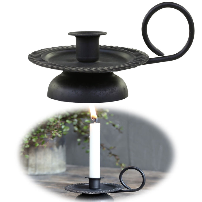 KI-generiertes Bild Metall Stabkerzenhalter Schwarz Griff 11cm Sockel Kammerleuchter Kerzenständer