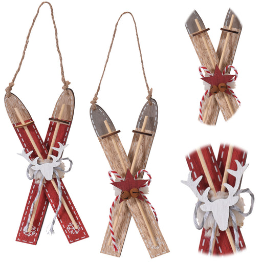 KI-generiertes Bild Design 2x XL Deko-Objekt Skier Stöcke 17cm Holz Winter Christbaum-Hänger