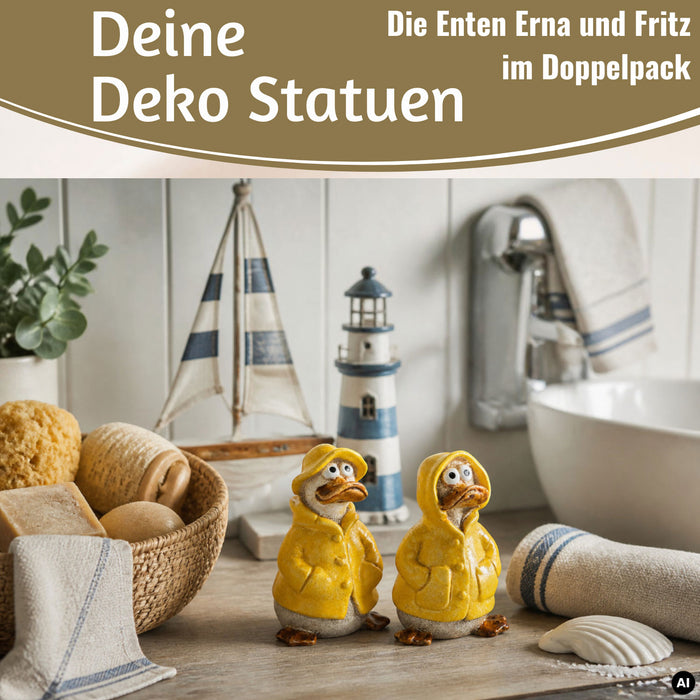 KI-generiertes Bild, 2x Deko Figuren Enten Set 11cm Gartenfigur Gartenzwerg Garten Statue Objekt