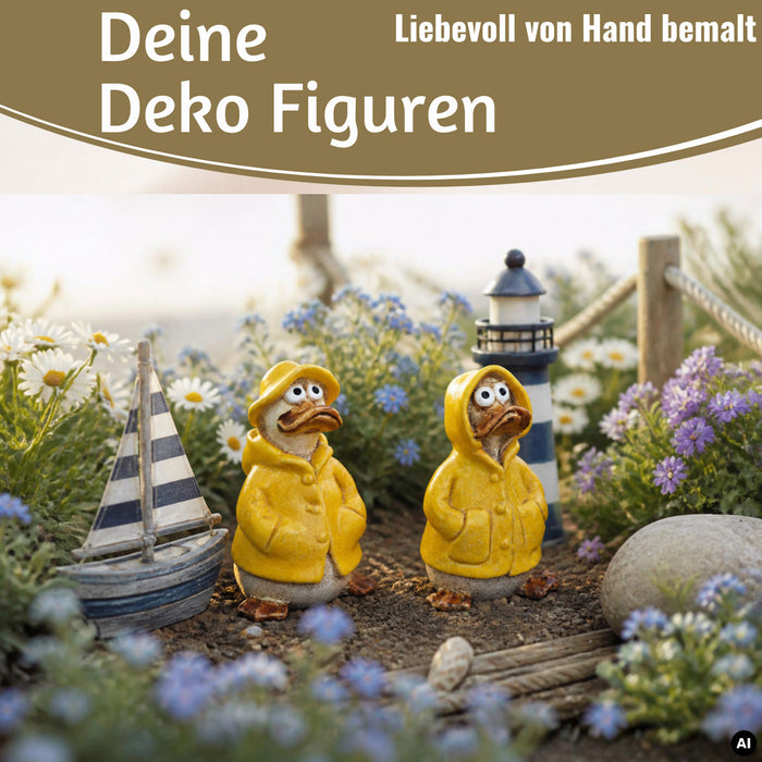 KI-generiertes Bild, 2x Deko Figuren Enten Set 11cm Gartenfigur Gartenzwerg Garten Statue Objekt