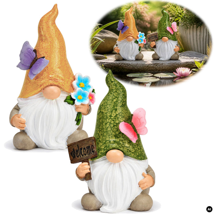 KI-generiertes Bild 2x Deko Figuren Wichtel Set 15cm Welcome Gartenwichtel Gartenzwerg Garten Objekt