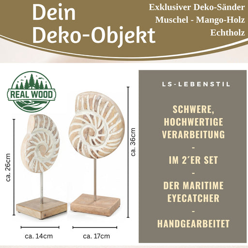 KI-generiertes Bild,Deko Objekt Set 2x Muscheln Sylt Mango Holz Sockel Säule Maritim Grau Weiß