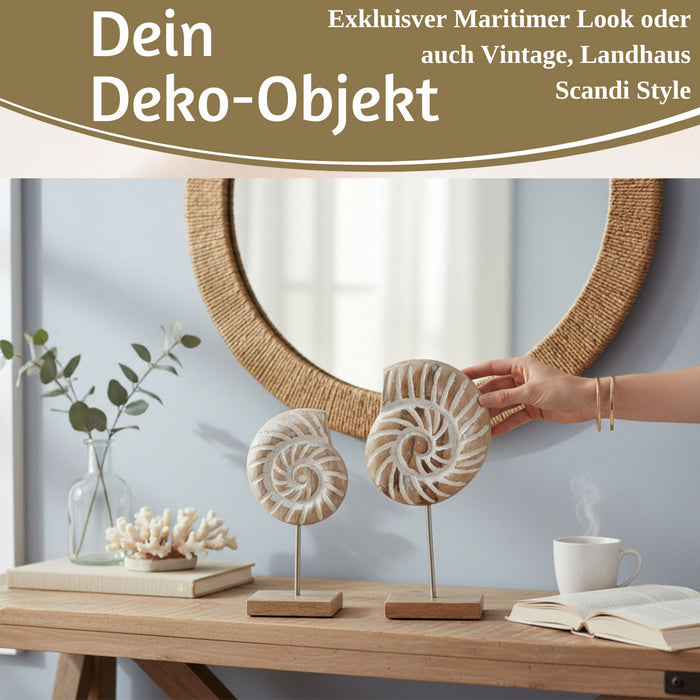 KI-generiertes Bild,Deko Objekt Set 2x Muscheln Sylt Mango Holz Sockel Säule Maritim Grau Weiß